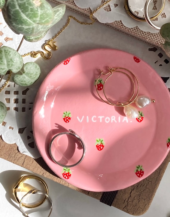 Strawberry Name Dish Personalised Peachy Baby Pink Cute Clay Ring Trinket  Dish Jewellery Storage, Handmade and Hand Painted Bowl Small 