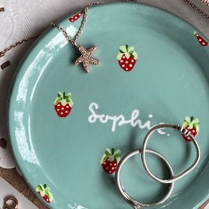Strawberry Name Dish Personalised Peachy Baby Pink Cute Clay Ring Trinket Dish Jewellery Storage, Handmade and Hand Painted Bowl Small image 4