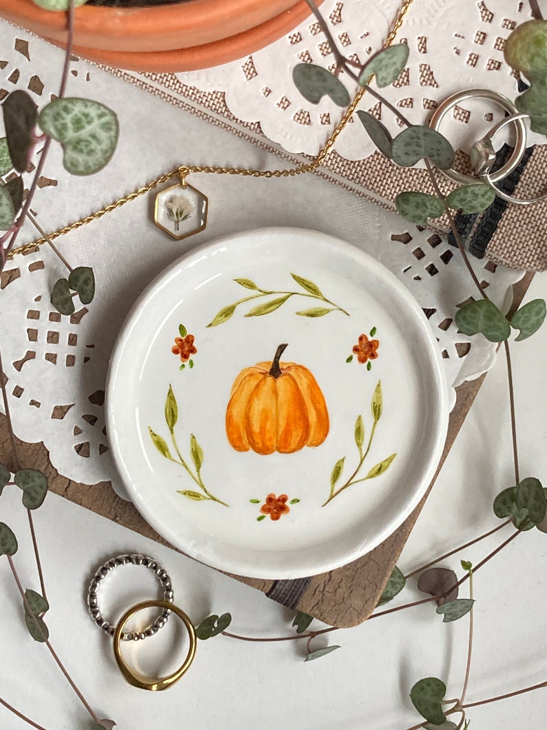 Pumpkin Clay Ring Plate Jewellery Dish, Floral Wreath Autumn Handmade Home Decoration Small image 2