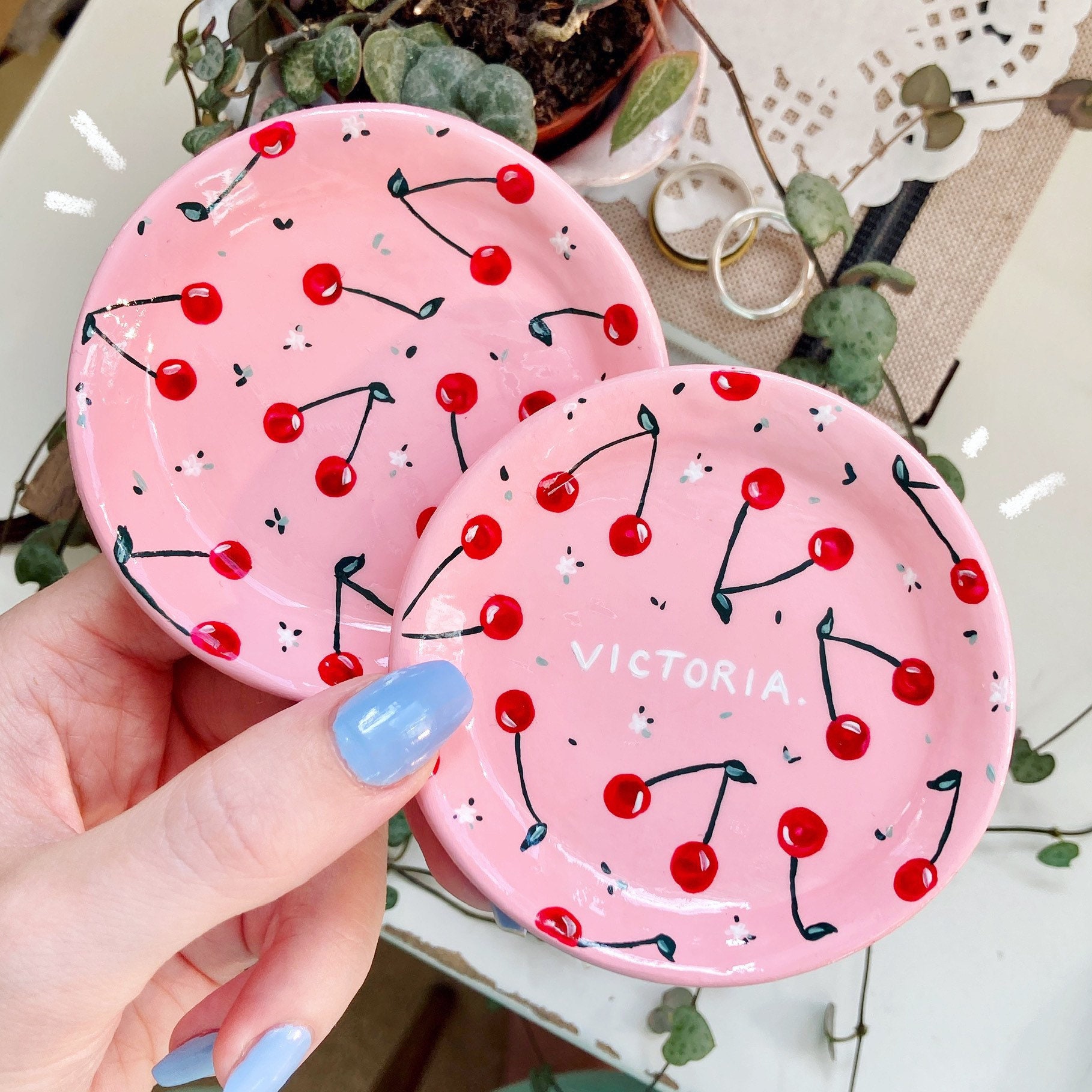 Cherry Ring Dish - Baby Peachy Pink Cute Clay Trinket Personalised Jewellery Storage, Handmade & Hand Painted Bowl Small