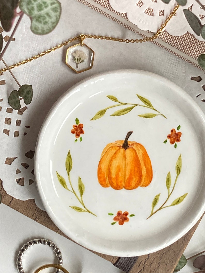 Pumpkin Clay Ring Plate Jewellery Dish, Floral Wreath Autumn Handmade Home Decoration Small image 1
