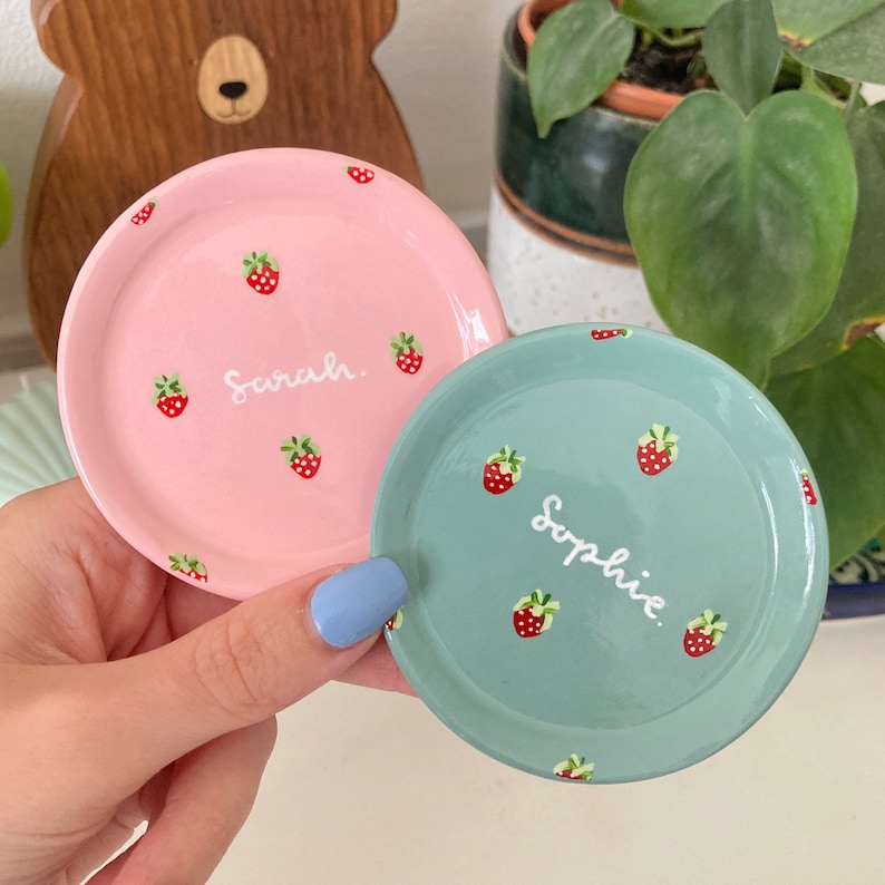 Strawberry Name Dish Personalised Peachy Baby Pink Cute Clay Ring Trinket Dish Jewellery Storage, Handmade and Hand Painted Bowl Small image 3