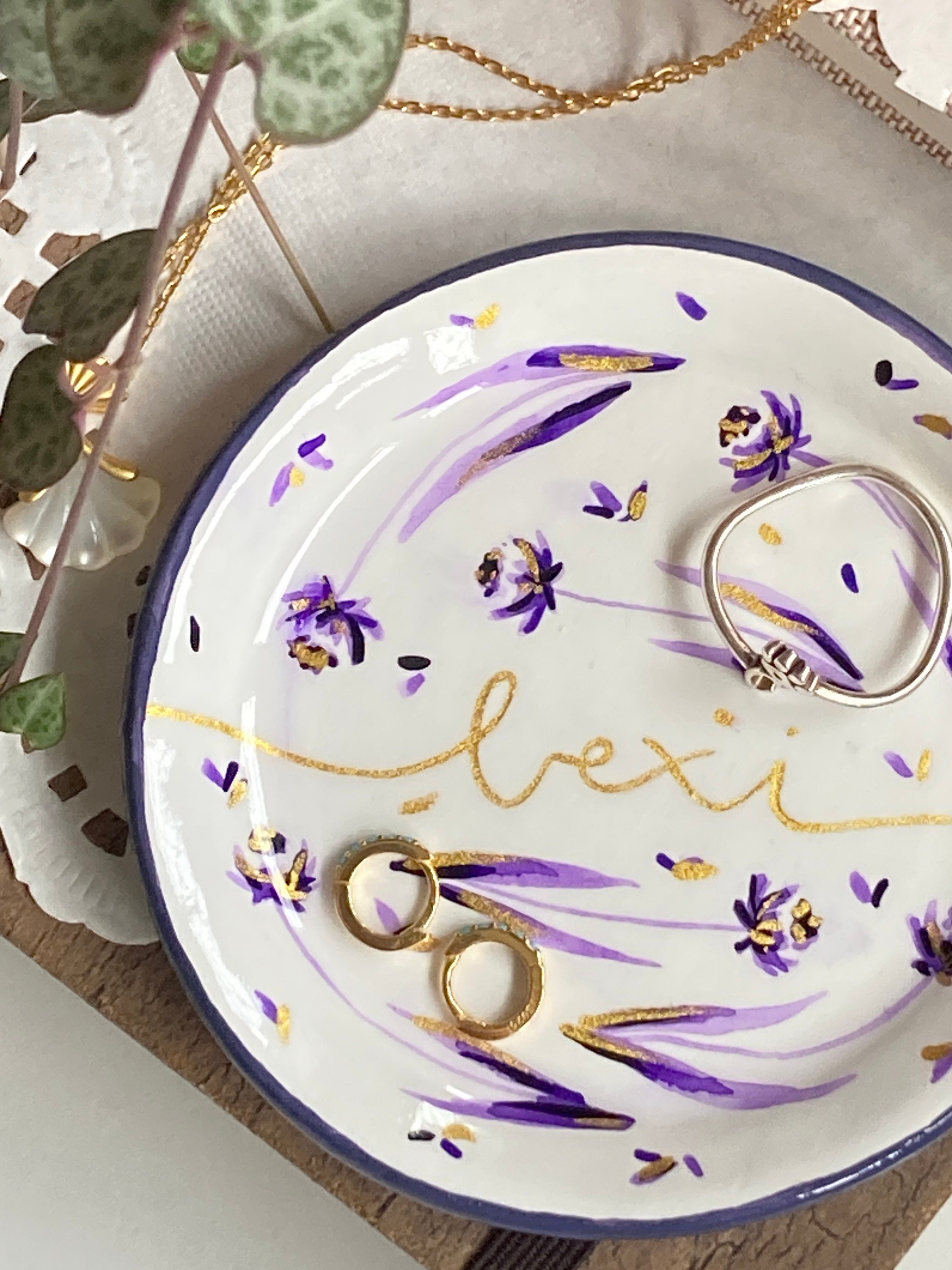 Personalised Name Dish Jewellery Ring Trinket Bowl Gift - Purple, Lilac & Gold Watercolour Floral Small
