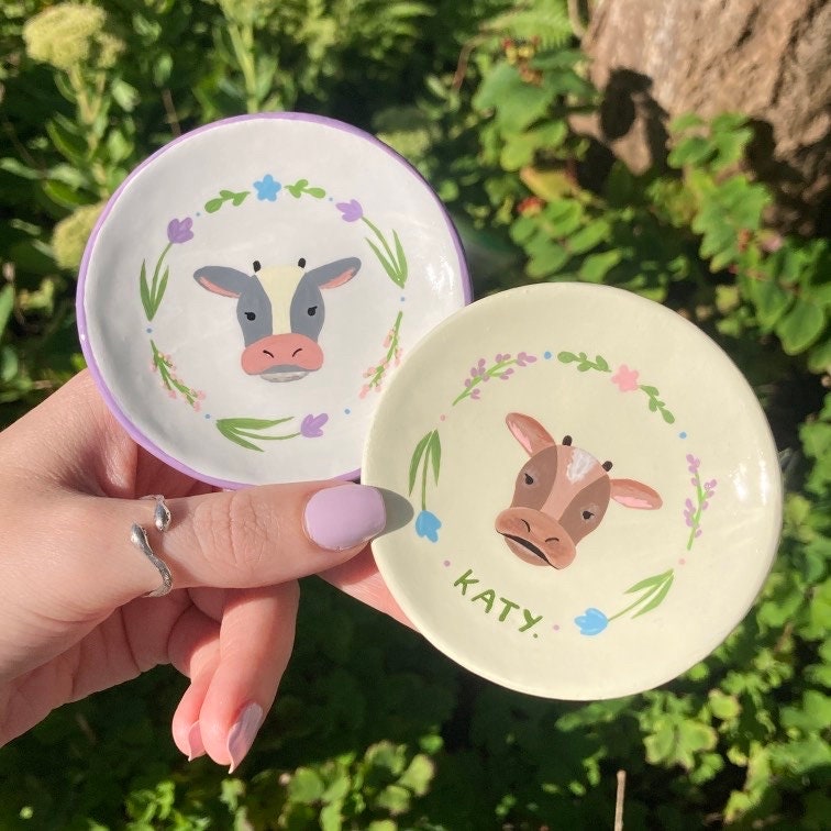 Cow Ring Dish, Personalisaed Cute Face & Floral Jewellery Storage, Handmade Hand Painted Bowl Small