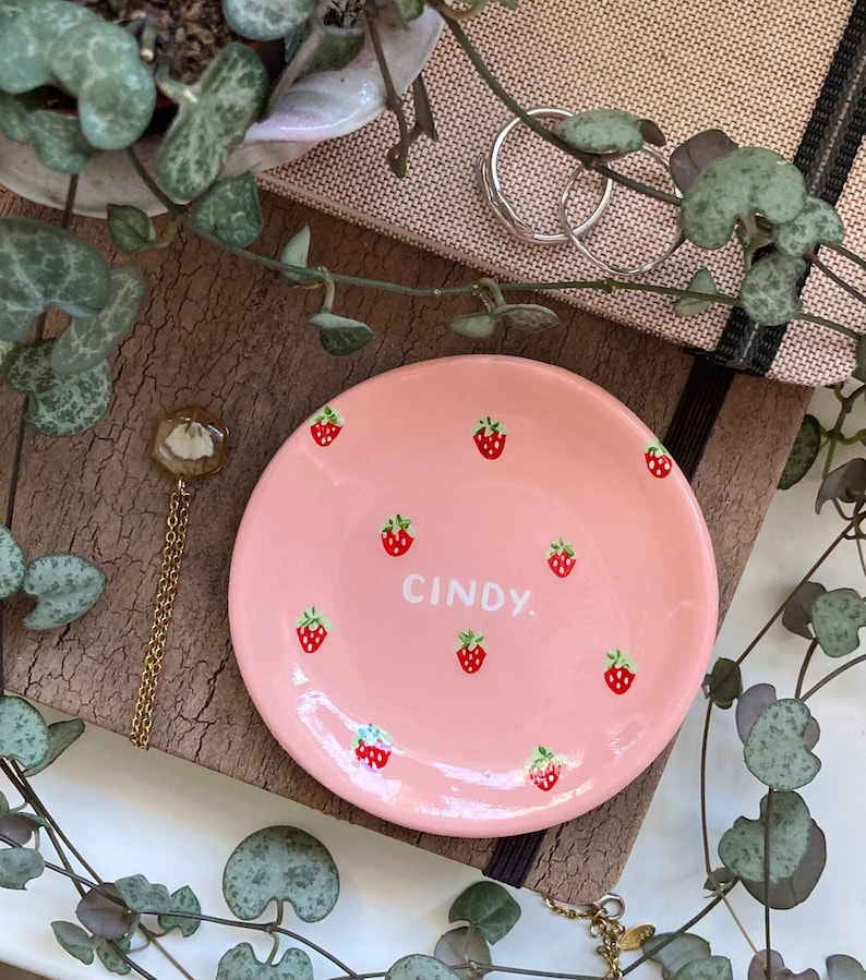 Strawberry Name Dish Personalised Peachy Baby Pink Cute Clay Ring Trinket Dish Jewellery Storage, Handmade and Hand Painted Bowl Small image 6