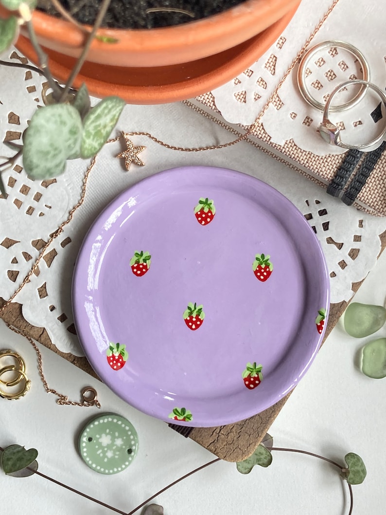 Strawberry Name Dish Personalised Peachy Baby Pink Cute Clay Ring Trinket Dish Jewellery Storage, Handmade and Hand Painted Bowl Small image 5