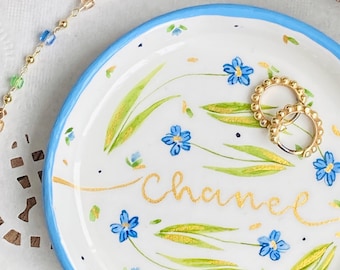 Blue and Green Floral Personalised Name Dish Jewellery Ring Trinket Bowl gift - Flower, White, Blue and Gold Watercolour Floral - Small