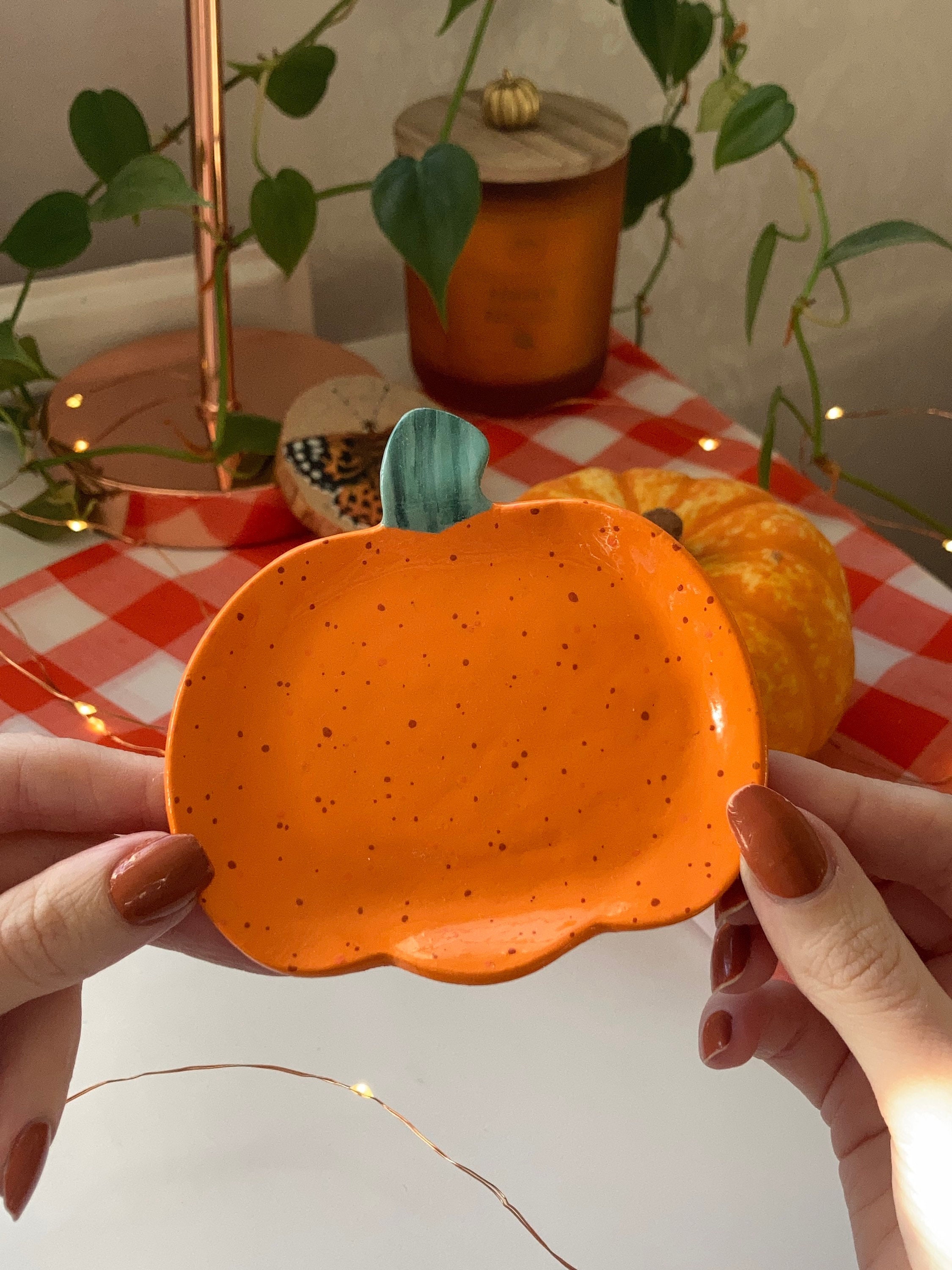 Pumpkin Clay Ring Plate Jewellery Dish, Cute Tiny Tray With Speckles - Handmade Autumn Home Decoration