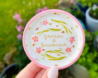 Personalised Floral Trinket Ring Dish, Pink and Green Vintage Watercolour, Handmade Jewellery Storage