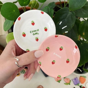 Strawberry Light Baby Pink Peachy Pink Cute Clay Ring Trinket Dish - Jewellery Storage, Handmade and Hand Painted Bowl Small