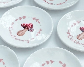 Mushroom Personalised Toadstool Painted Clay Ring Jewellery Dish, Trinket Bowl - Autumn Woodland Home Decoration