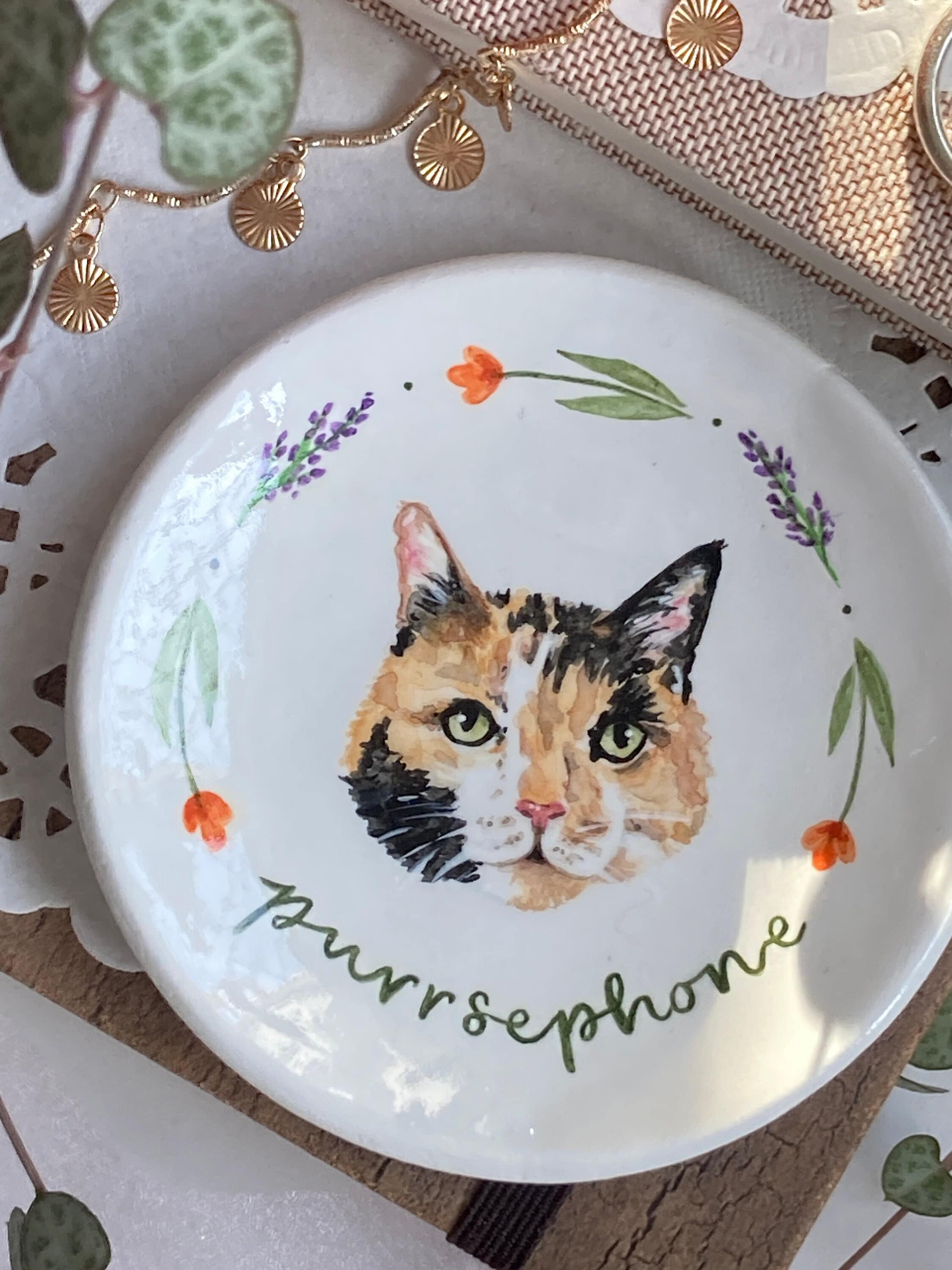 Pet Portrait Clay Ring Dish - Personalised Handmade & Hand Painted Cat Kitten Dog Gift Home Decoration, Keepsake