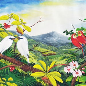 Hand painting Balinese Jalak Bali White Starling Parakeet 287