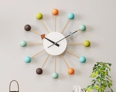Mid Century George Nelson Ball Clock, Painted Solid Wood Silent Non Ticking Decorative Modern Wall Clock (Ball Clock in Multicolor)