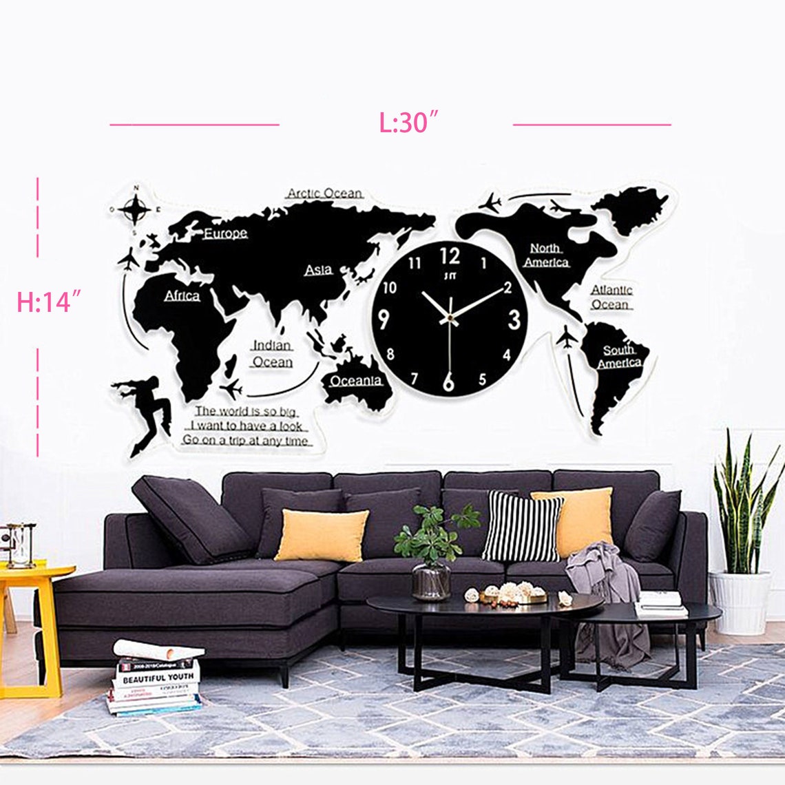Large World Map Wall Clocks Decorative Wall Clock Modern 3D Etsy