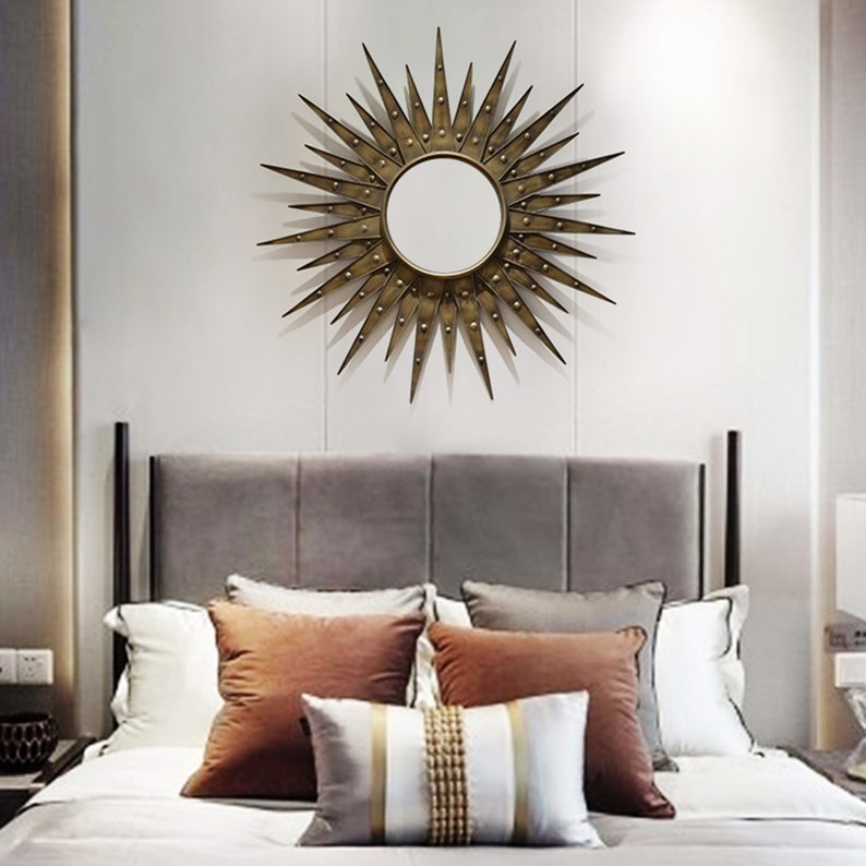 Round Sunburst Wall Mirror With Rustic Gold Finish for Home Etsy
