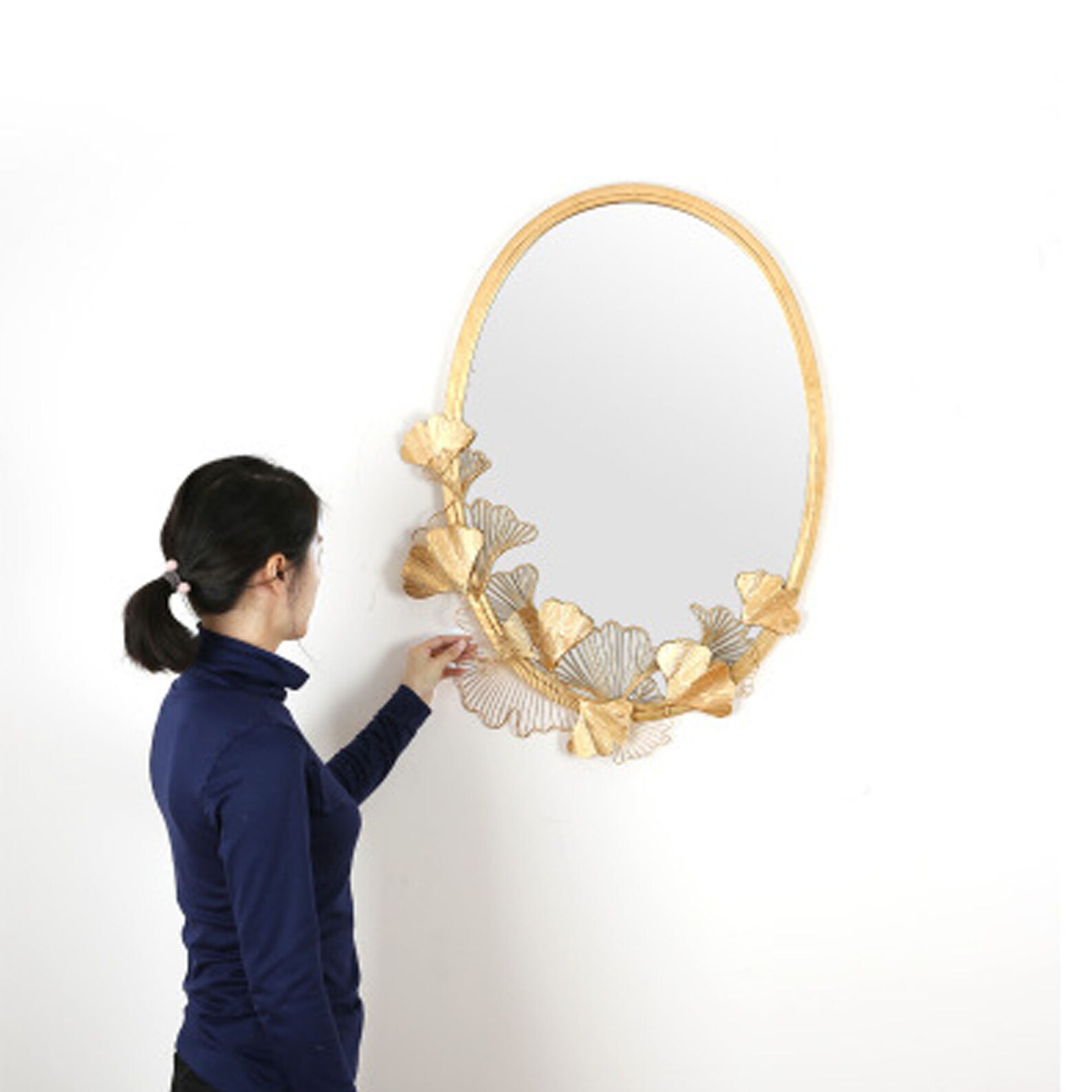 Oval Wall Mirror with Gold Rim and Ginkgo Leaf for Bathroom Etsy