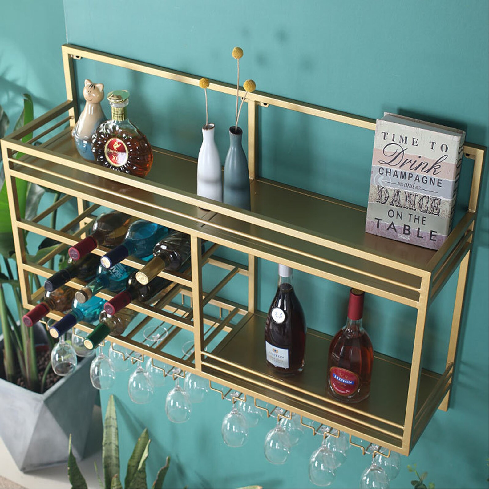 Golden Wrought Iron Wine Rack Wall Hanging Rack Wall Living Etsy