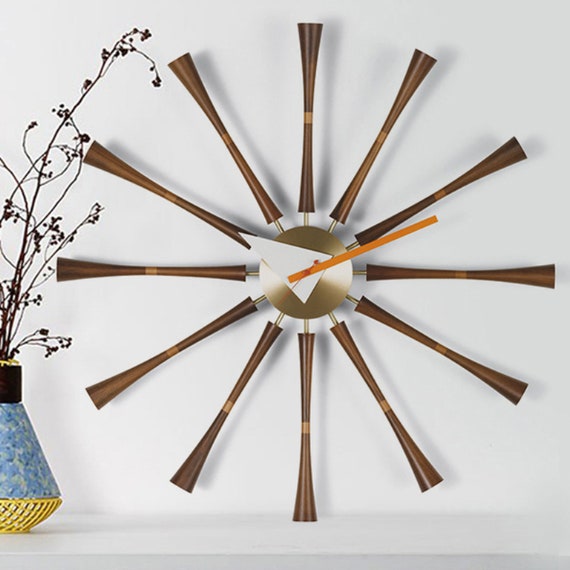 Large Nelson Walnut Sunburst Clock Numberless Modern Etsy