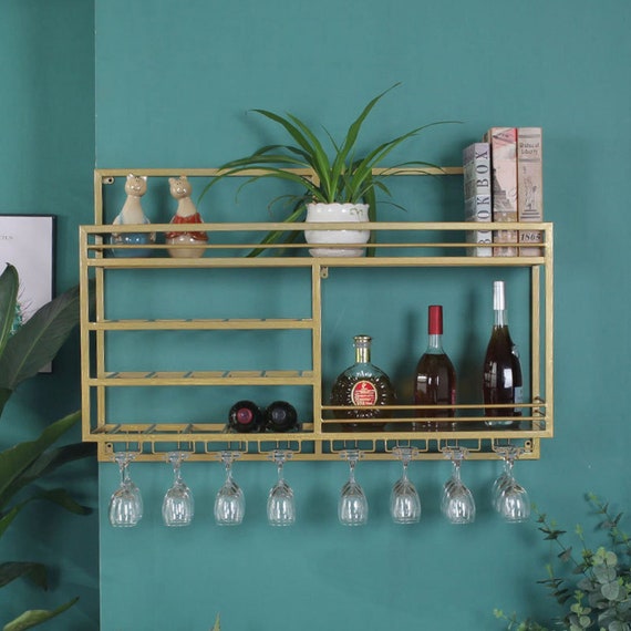 Golden Wrought Iron Wine Rack Wall Hanging Rack Wall Living Etsy