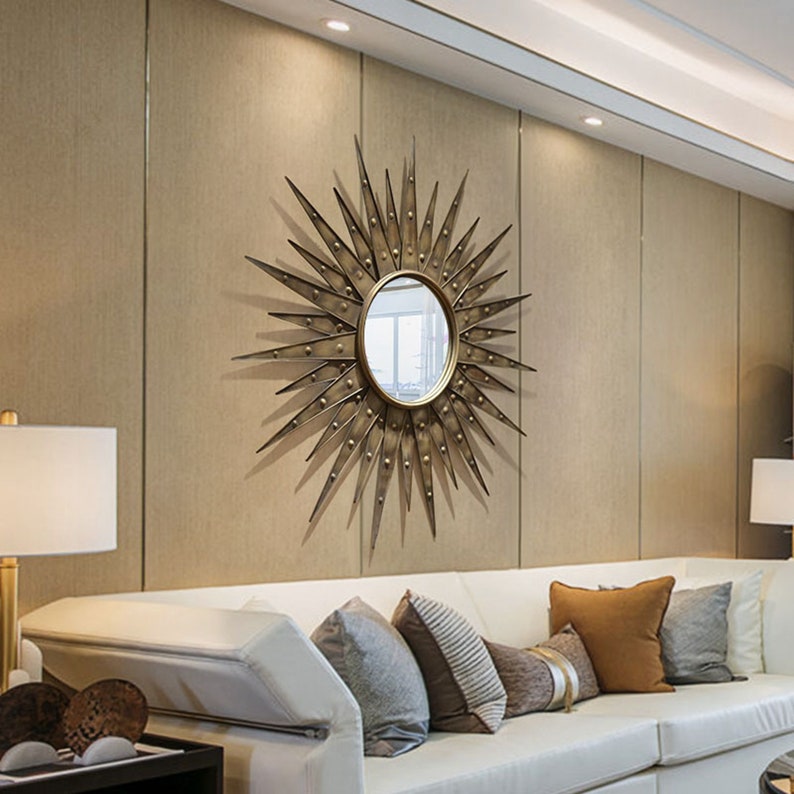 Round Sunburst Wall Mirror With Rustic Gold Finish for Home Etsy