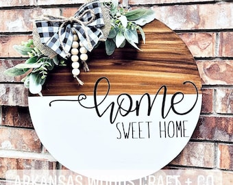 Home Sweet Home Door Hanger: Farmhouse Wood Wreath with Plaid Bow