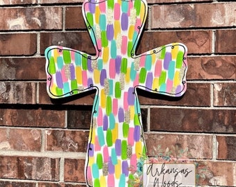 Painted Cross Door Hanger: Glitter Accent, Spring Easter Decor