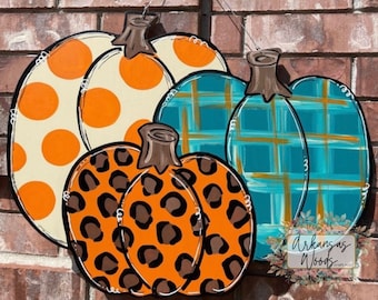 3 Pumpkin Door Hanger: Hand-Painted Leopard Fall Decor