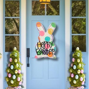 Polka Dot Easter Bunny Door Hanger: Hand-Painted MDF Spring Decor image 2