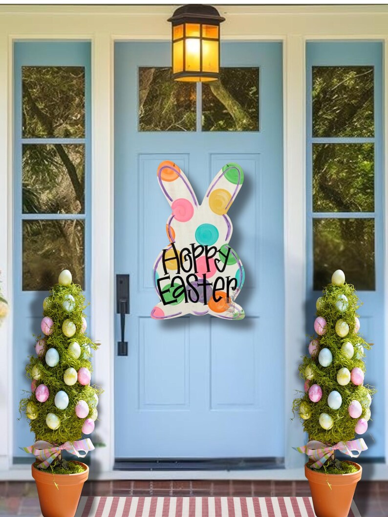 Polka Dot Easter Bunny Door Hanger: Hand-Painted MDF Spring Decor image 2