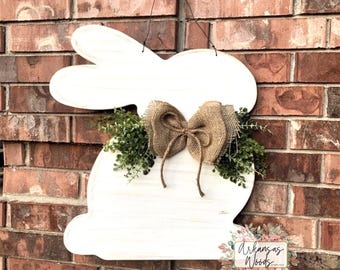 Easter Bunny Door Hanger: Farmhouse Spring Wreath, Burlap Bow