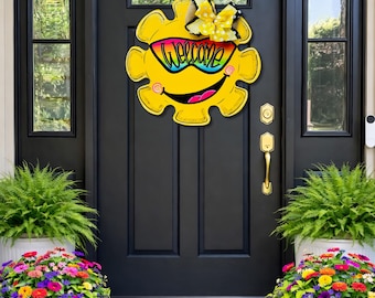 Hello Summer Sunshine Door Hanger, Hand Painted Glitter Decor