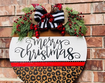 Christmas door hanger, leopard christmas decor, christmas wreath with leopard, merry christmas, leopard door hanger, christmas decor, gift