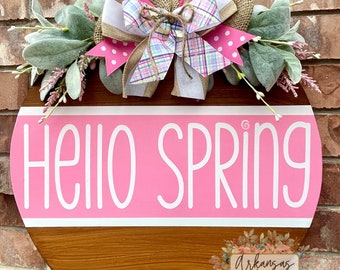 Hand Painted Spring Door Hanger: Hello Spring Wreath, MDF Wood Decor