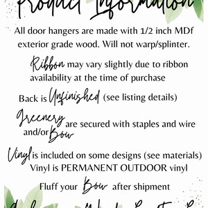 May include: A white background with green leaves and black text that reads "Product Information." The text details the materials and construction of door hangers, including the use of MDF wood, vinyl, and ribbon. The company name "Arkansas Woods Craft + Co" is also displayed.