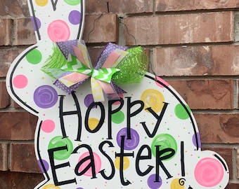 Polka Dot Easter Bunny Door Hanger: Hand-Painted MDF Wood
