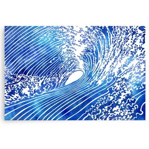 May include: A blue watercolor painting of a wave breaking. The wave is outlined in white and has a white crest. The background is a light blue watercolor wash.