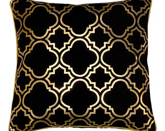 Art Deco Gold Plated Moroccan Cushion Cover, Geometric Pattern Pillow Cover, Hidden Zipper Luxury Cushion, Housewarming Gift, Black 43x43 cm