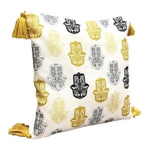 Capa de almofada de mão Hamsa, fronha Khmissa marroquina, capa de almofada artística mostarda preta 43 x 43