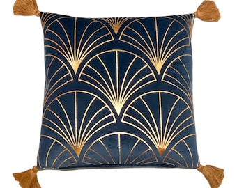 Art Deco Blue Velvet Golden Cushion Cover With Tassels, Art Deco Pillow, Gold Blue Cushion Cover, Velvet Pillowcase, Square Cover 43 x 43cm