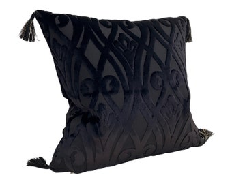 Black Velour Geometric Pattern Cushion Cover, Art Deco Pillow Cover with Tassels, Housewarming gift,  Cushion Case 43x43 cm