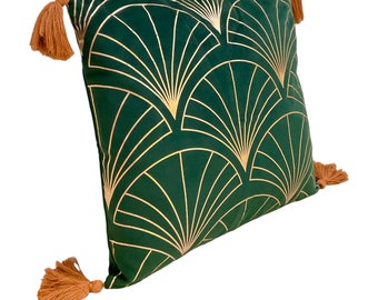 Housse de coussin Art déco vert émeraude en velours cuivre doré avec glands, oreiller art déco, housse de coussin vert or, taie d&#39;oreiller en velours, 43x43cm