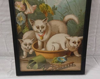 Three Little Kittens in the Garden - Rare Victorian Chromolithograph from the 1870s