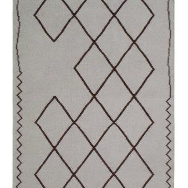 Moroccan Flat Woven Beni Ourain Cream Wool Rug With Brown Geometric Pattern 2.25x1.50m