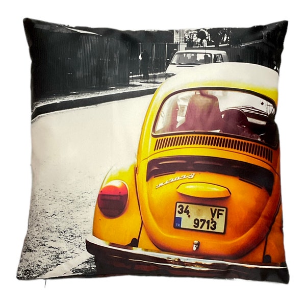 Yellow VW Beetle Cute Throw Pillow Cover, Decorative Volkswagen Printed Cover, Utility Vehicle Cushion Cover, Home Decor Cover, 43x43 cm