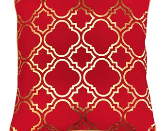 Golden Red Geometric Pattern Cushion Cover, Art Deco Pillow Cover, Vintage Decorative Housewarming Gift,  Cushion Case 43x43 cm