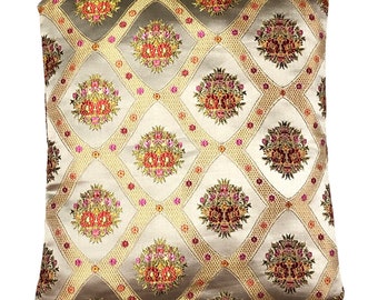 Floral Print Golden Velvet Cover, Vintage Cushion Cover, Floarl Geometric Print Cover, Handmade Design Case, Hidden Zipper Cover 41 x 48 cm