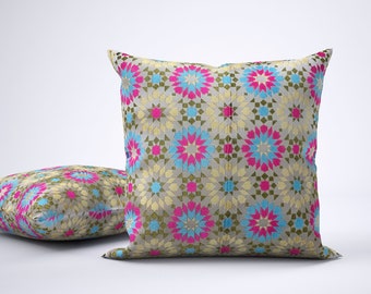 Pillow Cover 18” Moroccan Tiles Design, Scatter Cushion Throw Pillow 45x45cm Pink & Turquoise, set of 2