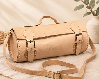 Leather Barrel Bag, natural leather Finish 15 x 35cm x 15cm