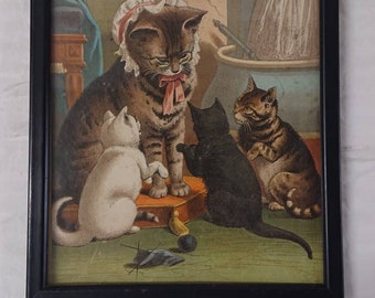 Rare Victorian 1870s Chromolithograph - Mother Cat with Her Three Kittens